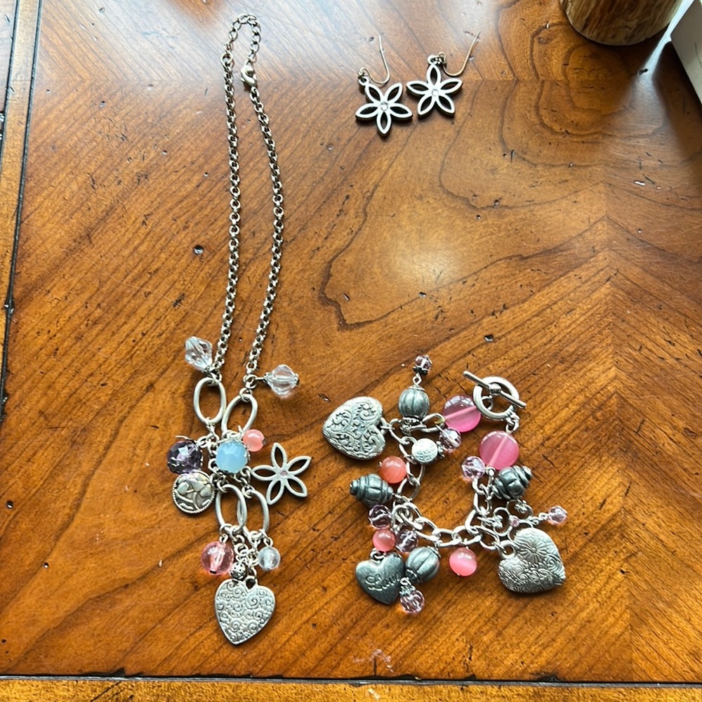 HEART CHARM NECKLACE BRACELET AND EARRING SET